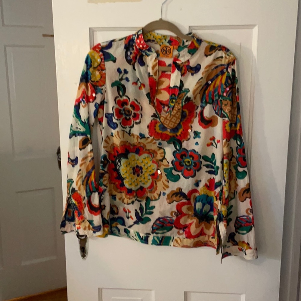 TORY BURCH tropical printed beaded tunic